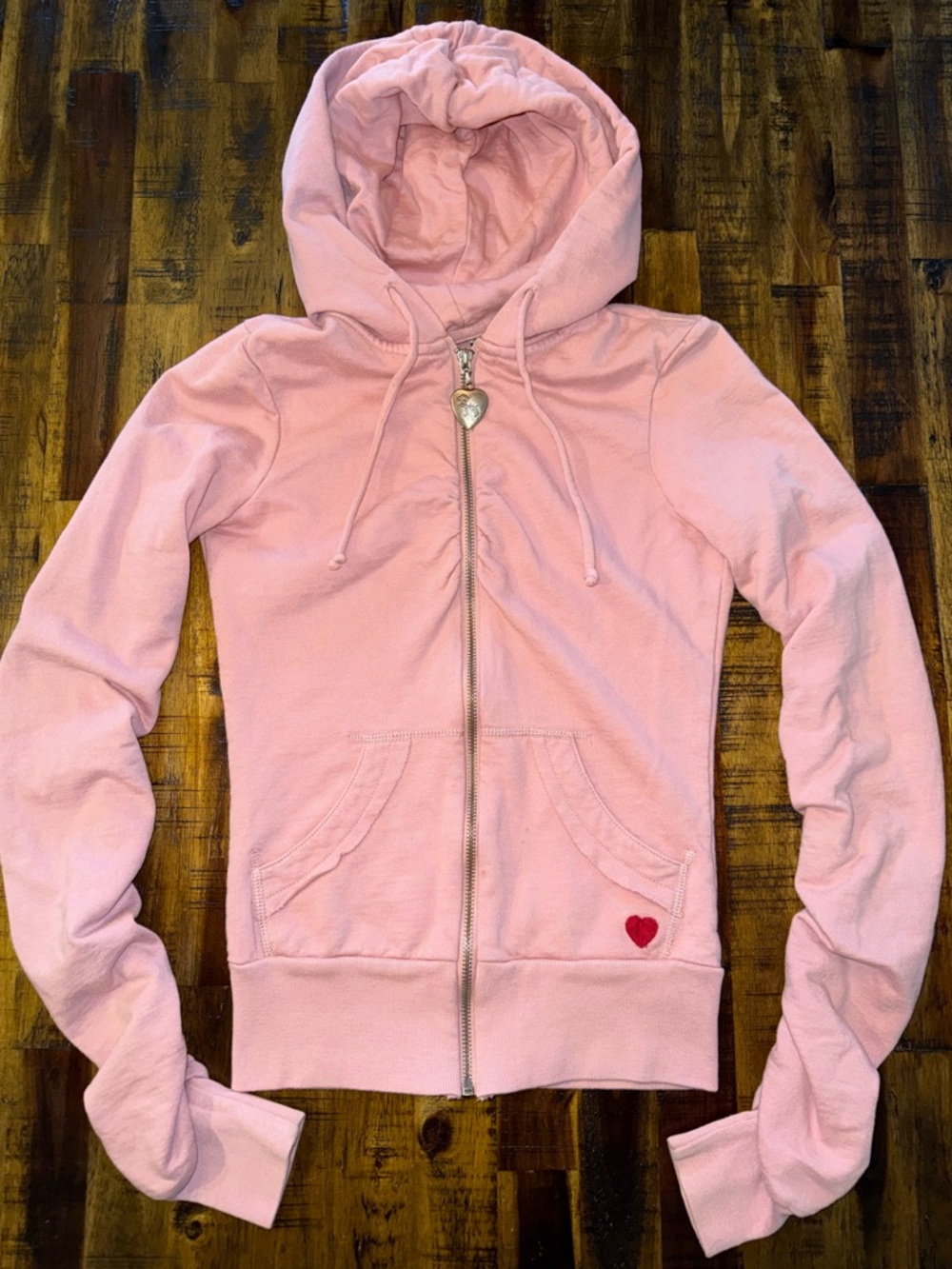 Twisted Heart Pink zip up rhinestone hoodie womens sz S ruching stretch